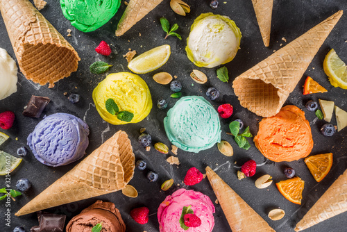 Colorful pastel ice cream with waffle cones