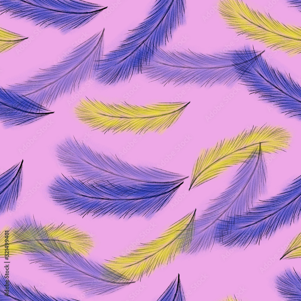 Seamless pattern with blue and yellow feathers on pink background. Hand drawing. Soft and fluffy pattern. Print, packaging, wallpaper, textile, fabric design