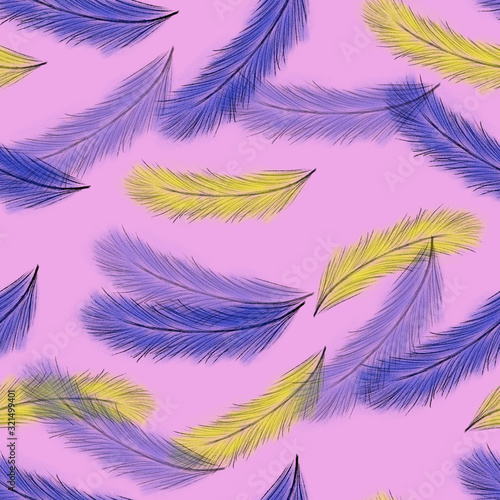 Seamless pattern with blue and yellow feathers on pink background. Hand drawing. Soft and fluffy pattern. Print  packaging  wallpaper  textile  fabric design