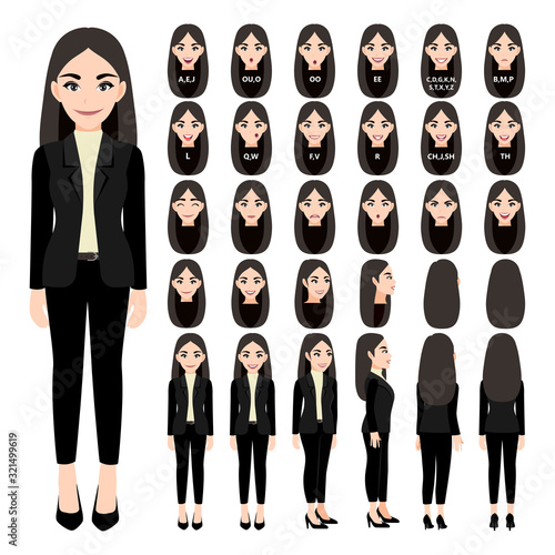 Cartoon character with business woman in suit for animation. Front, side, back, 3-4 view character. Separate parts of body. Flat vector illustration.
