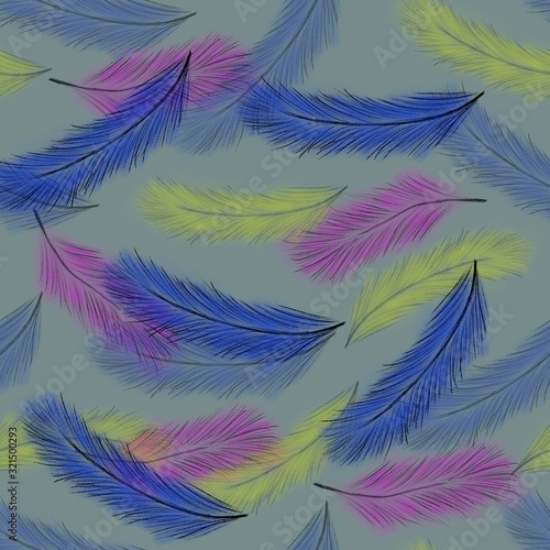 Seamless pattern with colorful feathers on blue background. abstract colorful background. Multicolored. Blue, pink, yellow feathers. Print, packaging, wallpaper, fabrics, textile design