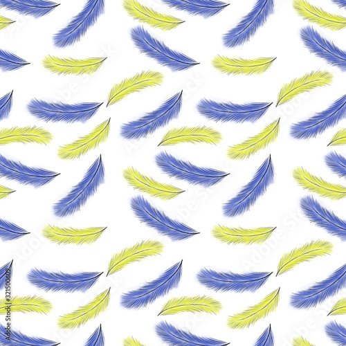 Seamless pattern of blue and yellow feathers on white background. Hand drawing. Print, packaging, wallpaper, textile, fabric, ornament design