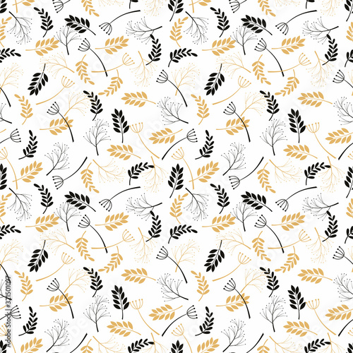Seamless pattern with black and gold herbs.