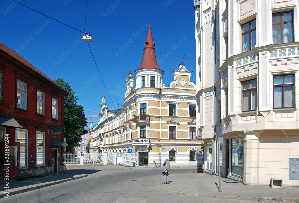 RIGA, LATVIA - APRIL 25, 2019: View to Nometnu street (Nometnu iela) in Agenskalns