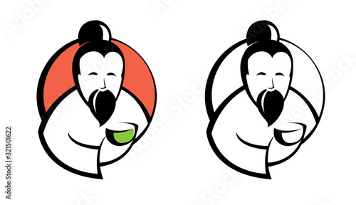 Old man holding cup of tea. Logo packaging tea leaves.