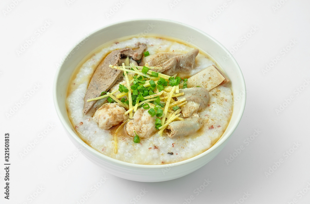 Porridge, pork Porridge (congee) or Pork Congee. Traditional chinese porridge rice gruel in white bowl, congee with minced pork, Ginger and spring onion. Asian breakfast style. Porridge, pork Porridge (congee) or Pork Congee. Traditional chinese porridge rice gruel in white bowl, congee with minced pork, Ginger and spring onion. Asian breakfast style.