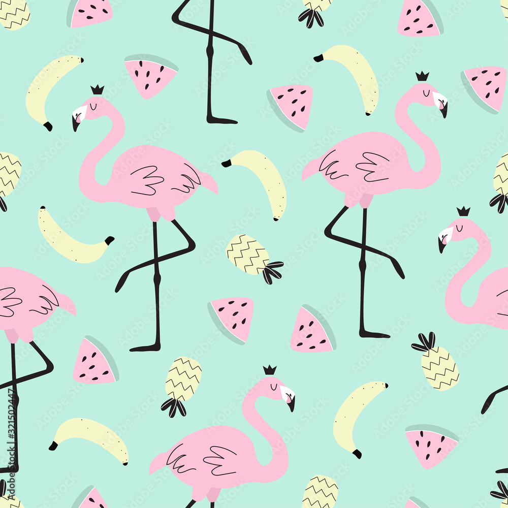 Seamless pattern with flamingos and fruit on a colored background. Vector illustration for printing on fabric, tableware, Wallpaper, postcard, banner. Cute children's background. 