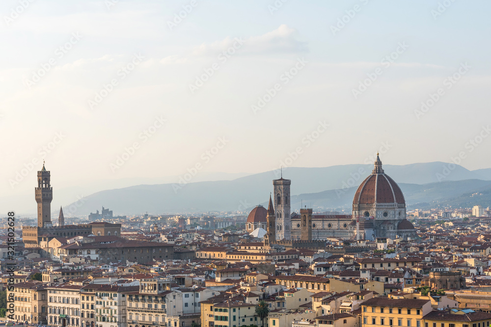 Beautiful panoramic view of the Cathedral of Santa Maria del Fiore and Palazzo Vecchio in Florence, Italy.