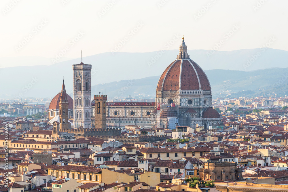 Beautiful panoramic view of the Cathedral of Santa Maria del Fiore and Palazzo Vecchio in Florence, Italy.