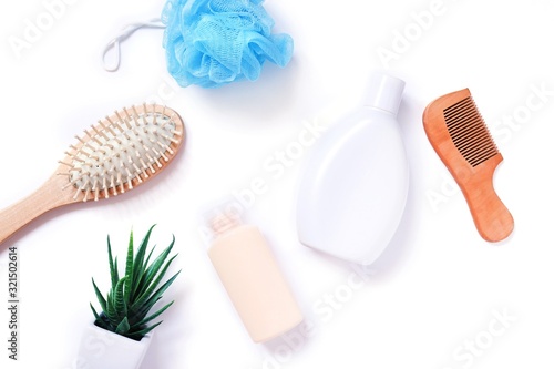 Flat lay beauty photo. Natural organic bath products for hair care. Wooden hair brushes  herbal shampoo  moisturizing conditioner and aloe vera