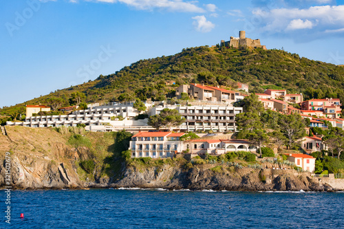 Beach hotels and restaurantes in Collioure village. Roussillon, Vermilion coast, Pyrenees Orientales