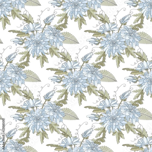 Seamless pattern with white chrysanthemums and leaves. Endless texture for design. Delicate background with chrysanthemums and floral elements for your greeting cards, fabric design, wedding, fabric.