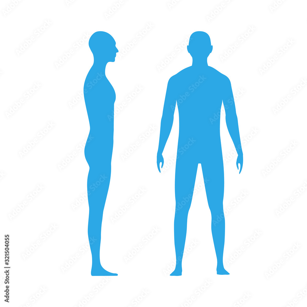 Front and side view human body silhouette of an adult male Front and side view human body silhouette of an adult male