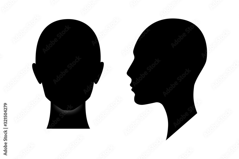 Front and side view silhouette of a woman head. Anonymous female person avatar