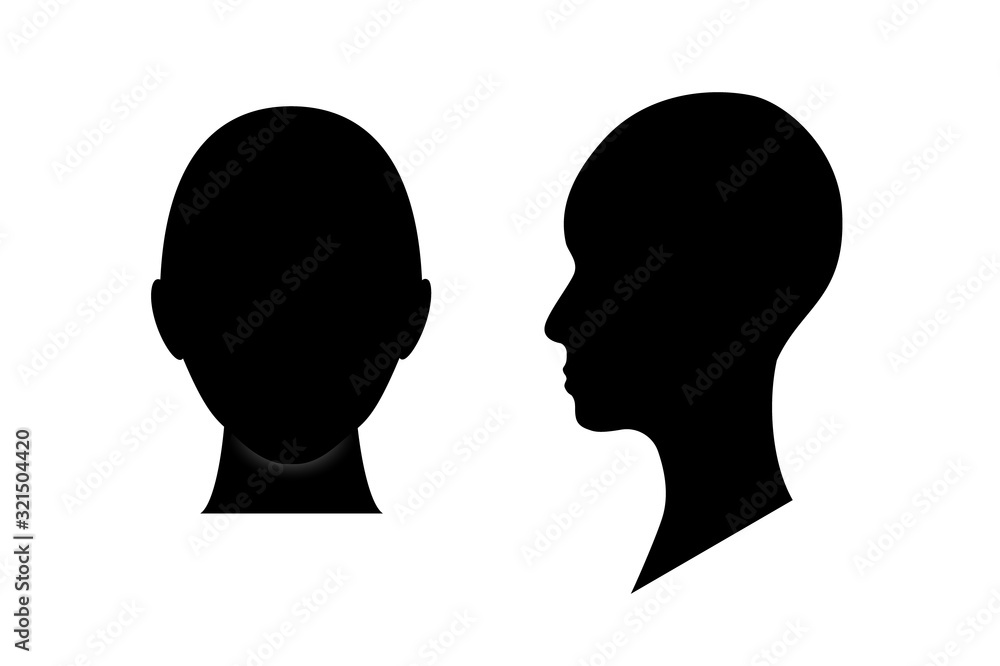 Front and side view silhouette of a teenager head. Anonymous gender neutral person avatar.
