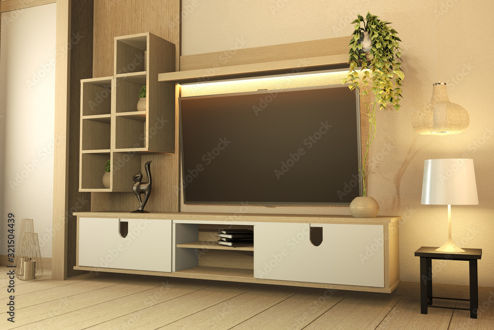 Fototapeta premium TV cabinet on white wood flooring and white wall, minimalist and zen interior of living room japanese style.3d rendering