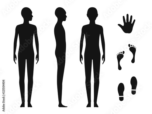 Gender neutral human body silhouette. Bald naked barefoot teenager stencil. Palm hand, bare feet and shoe trace