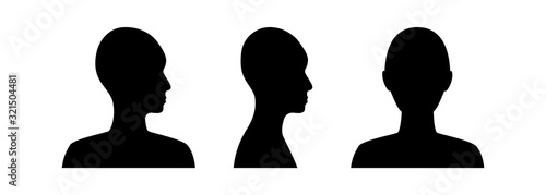 Front and side view silhouette of a head. Anonymous gender neutral face avatar.