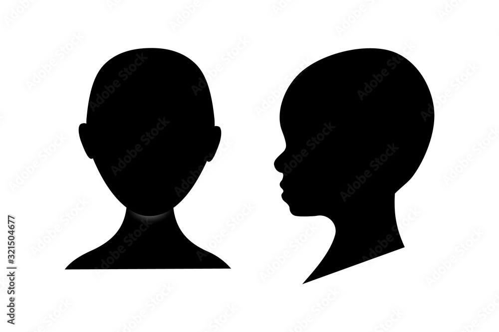 Front and side view silhouette of a toddler head. Anonymous baby face avatar