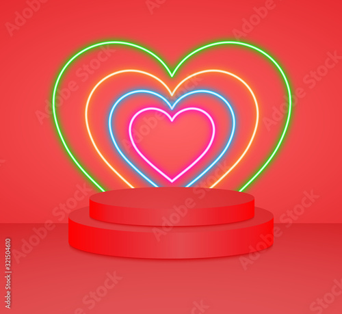 3d red cylinder podium minimal studio colorful neon heart wall background. Abstract 3d geometric