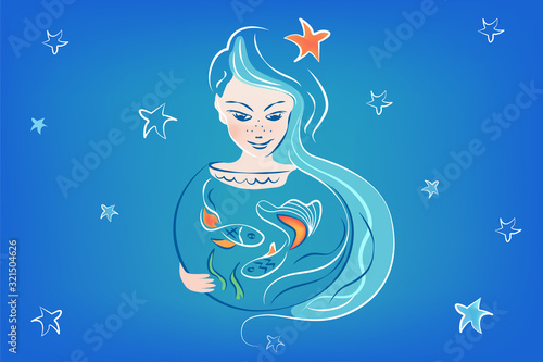 Girl with long hair and aquarium with gold, red fish. A woman makes a wish, dreams. Zodiac sign Pisces. Vector Illustration on blue backround, logo, cover, banner.