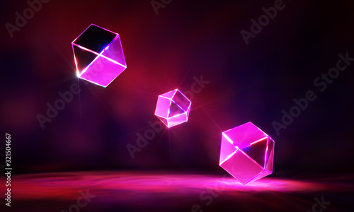 3d render, glowing lines, neon lights, abstract background, cube cage, ultraviolet, infrared, spectrum vibrant colors, laser show