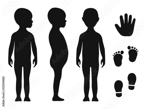 Human body silhouette of a bald bare barefoot toddler. Palm hand, bare feet and shoe trace
