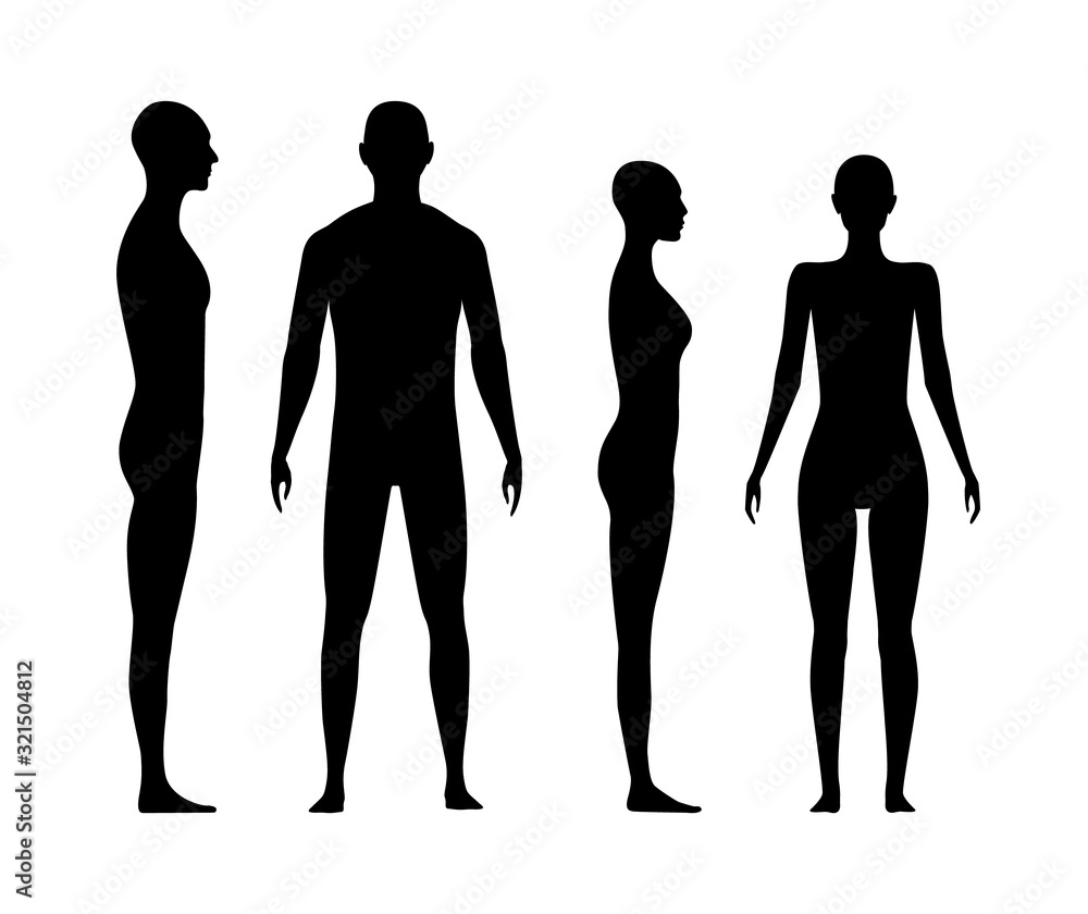 Front and side view human body silhouette of an adult man and a