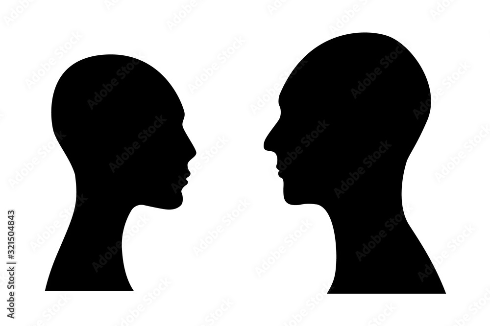Side view silhouettes of a woman and a male heads. Side view silhouettes of a woman and a male heads.