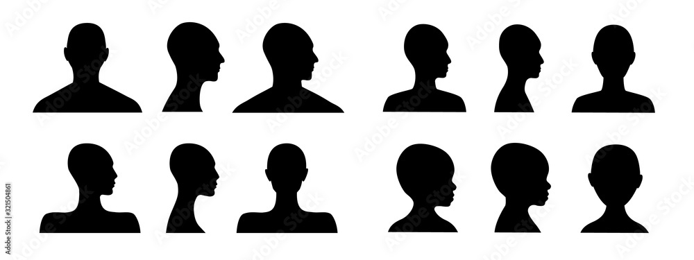 Front and side view human head silhouette of an adult male, a female,  gender neutral, a teenager and a toddler. Anonymous avatars. Incognito  person face Stock Vector