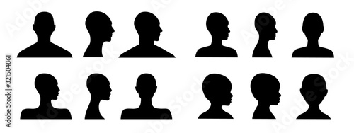 Front and side view human head silhouette of an adult male, a female, gender neutral, a teenager and a toddler. Anonymous avatars. Incognito person face