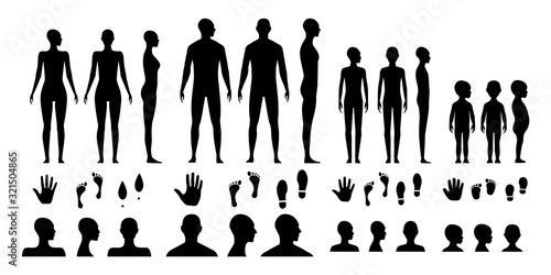 Male, female, gender neutral and a toddler human body silhouettes. Anonymous avatars of an adult's man and a woman, teenager and a kid. Open palm hand, barefoot feet and shoes traces..