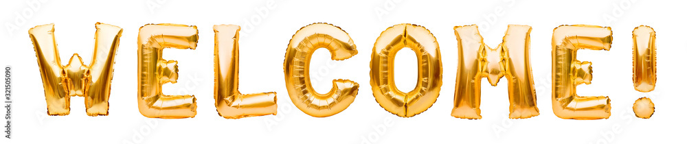 Φωτογραφία Word WELCOME made of golden inflatable balloons isolated on white background