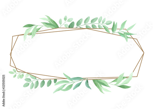 Green leaves geometric frame template. Foliage border. Vector illustration..