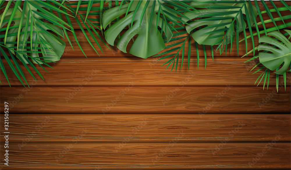 Frame of tropical leaves. Summer concept. Palm leaves and monstera leaf on wood table. Tropical beach background layout with free text space. Frame of tropical leaves. Summer concept. Palm leaves and monstera leaf on wood table. Tropical beach background layout with free text space.