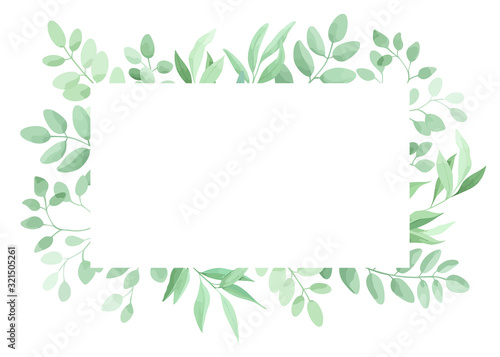 Green leaves frame template. Floral border. Vector illustration.