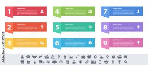 Infographic design business concept vector illustration with 9 steps or options or processes represent work flow or diagram or web button banner