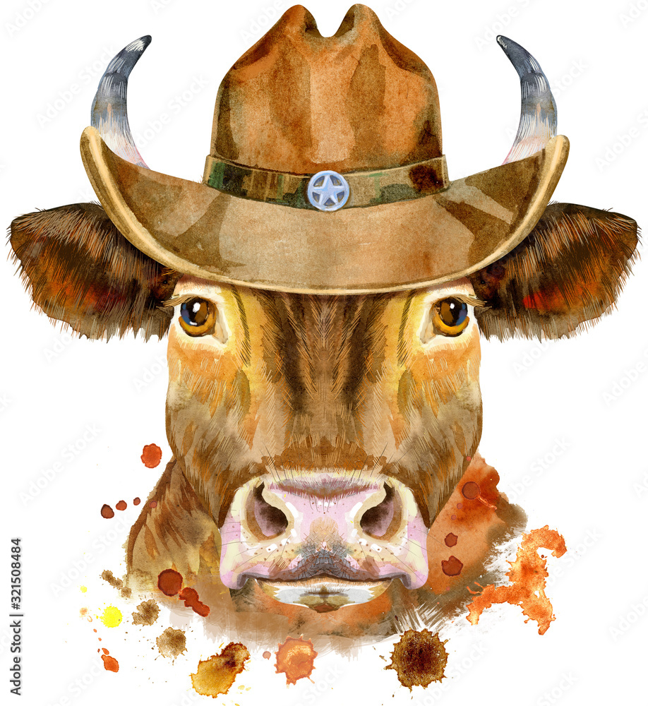 Watercolor illustration of a red bull in a cowboy hat Stock