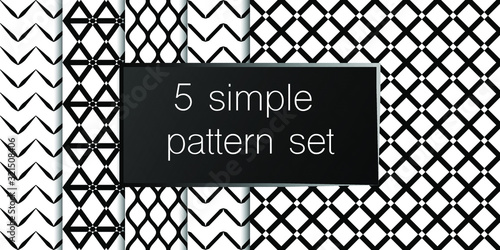 Set of 5 simple ornament vector patterns. Use for ceramic tiles, wallpaper, linoleum, textiles, wrapping paper, web page, kids, postcard. Background or wallpaper black and white colours 