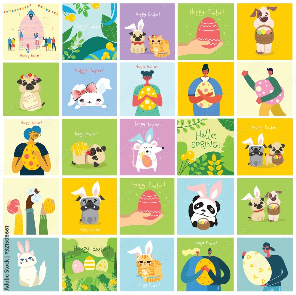 Fototapeta premium Vector Easter cards with people, cute puppy dog, rat, panda and cat with rabbit ears, spring flower, egg and hand drawn text - Happy Easter in the flat style