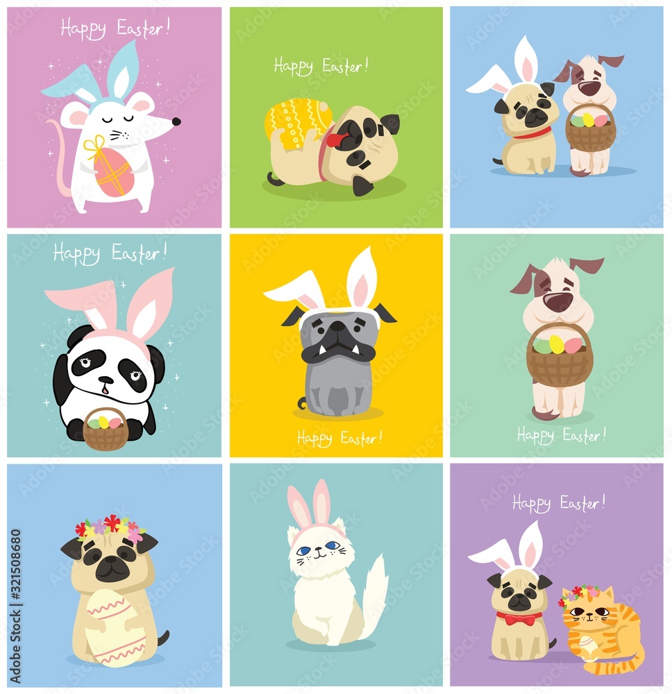 Vector Easter cards with people, cute puppy dog, rat, panda and cat with rabbit ears, spring flower, egg and hand drawn text - Happy Easter in the flat style Vector Easter cards with people, cute puppy dog, rat, panda and cat with rabbit ears, spring flower, egg and hand drawn text - Happy Easter in the flat style