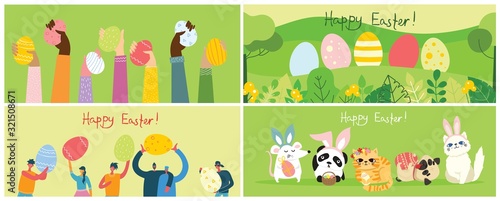 Fototapeta Naklejka Na Ścianę i Meble -  Vector Easter cards with people, cute puppy dog, rat, panda and cat with rabbit ears, spring flower, egg and hand drawn text - Happy Easter in the flat style
