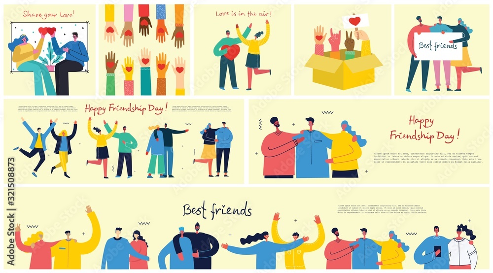 Happy Friendship day. Vector concept background with the group of happy people - best friends in a flat style. Happy Friendship day. Vector concept background with the group of happy people - best friends in a flat style.