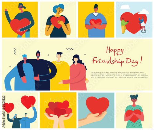 Happy Friendship day. Vector concept background with the group of happy people - best friends in a flat style. Set of cards