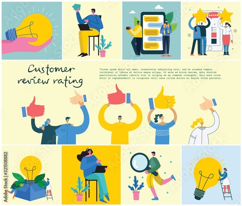 Vector illustration of the online review concept business people in the flat style. Customer review give a five star in bubble box design concept