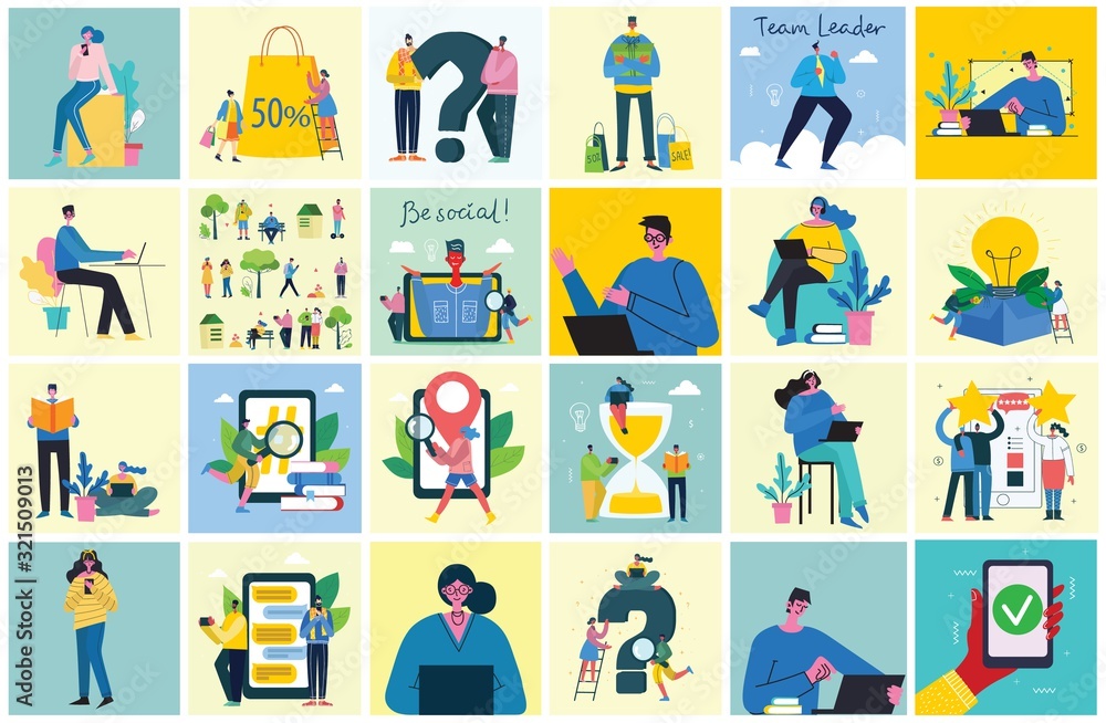 Fototapeta premium Stay mobile, be social! Connection background with man with laptop and smartphones. Chat, email messaging, sms, mobile concepts for web sites, web banners in modern flat design