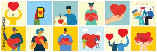 Share your Love. Hands and people with hearts as love massages. Vector illustration for Valentine's day in the modern flat style