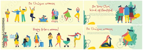 Concept of women unique background. Stylish modern vector illustration card with happy female woman and hand drawing quote Be unique