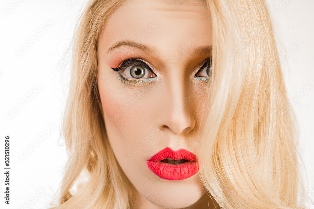 Portrait of positive cheerful amazed girl. Retro pin up make up - close up. Fashion. Beautiful blonde woman with retro hairstyle. Beauty. Portrait of pretty charming girlfriend. Portrait of positive cheerful amazed girl. Retro pin up make up - close up. Fashion. Beautiful blonde woman with retro hairstyle. Beauty. Portrait of pretty charming girlfriend.