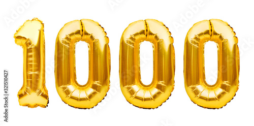 Number 1000 one thousand made of golden inflatable balloons isolated on white. Helium balloons, gold foil numbers. Party decoration, 1000 subscribers or followers and likes